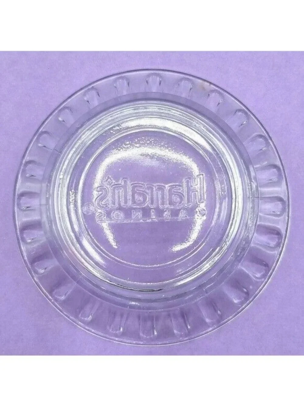 Harrah's Casino Hotel Ashtray Motel Embossed Logo Clear Glass 4.5